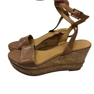 Jack Rogers "Lennon" Tan‎ Leather Cork Wedge Sandals Ankle Strap Womens Size 9.5